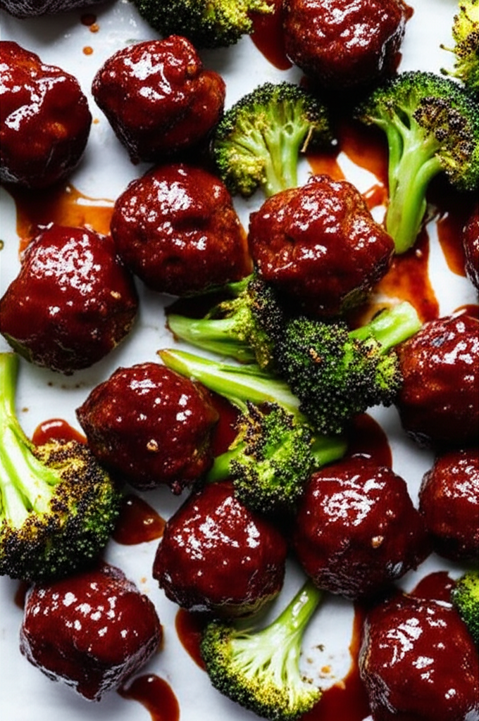 Sticky Mongolian Meatballs with broccoli and rice