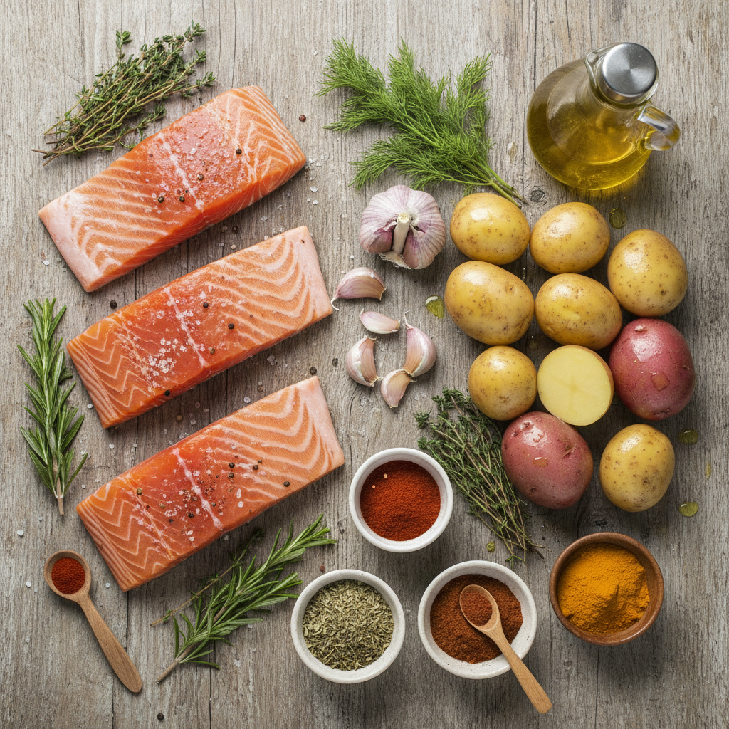 Ingredients for Creamy Garlic Tuscan Salmon on kitchen counter