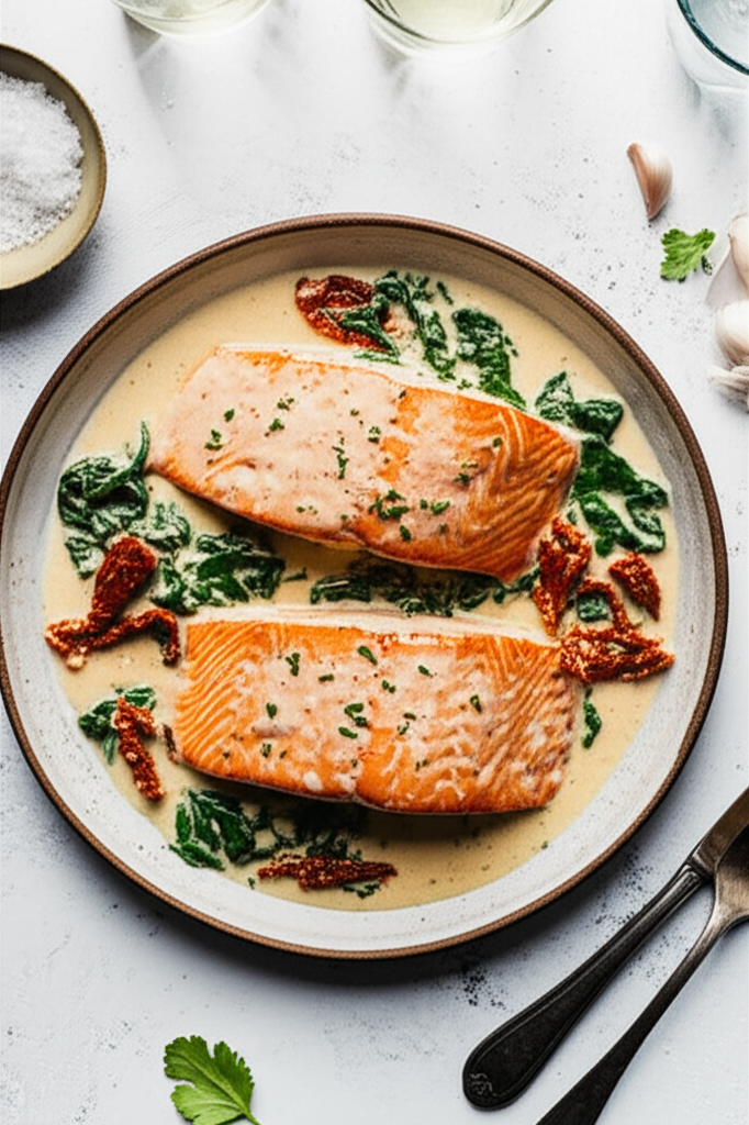 Delicious Creamy Garlic Tuscan Salmon plated on a dish