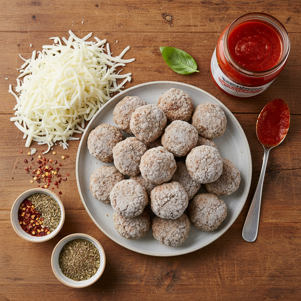 Ingredients for baked meatballs: marinara, frozen meatballs, and mozzarella