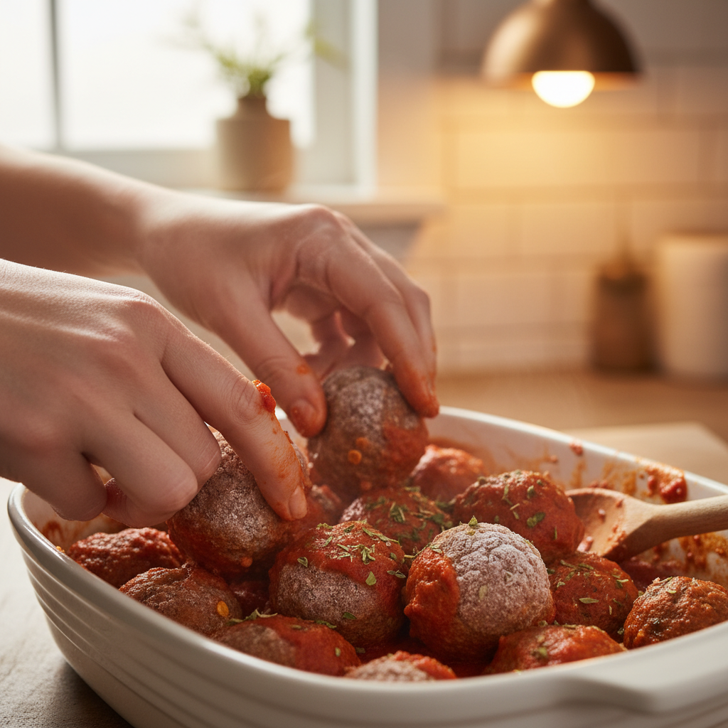 Mixing marinara sauce with baked meatballs