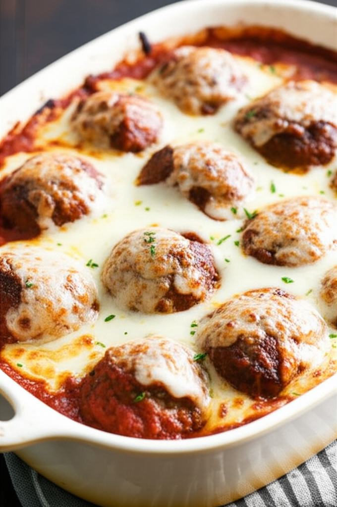 Baked meatballs covered in marinara and mozzarella