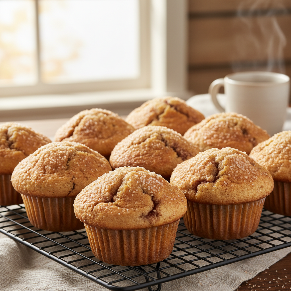 Cooling cinnamon buttermilk muffins on a wire rack