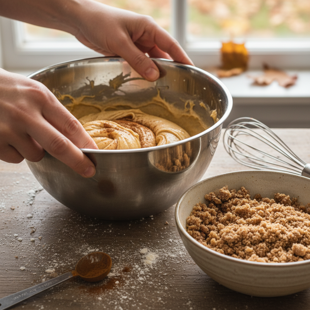 Mixing wet and dry ingredients for cinnamon muffins