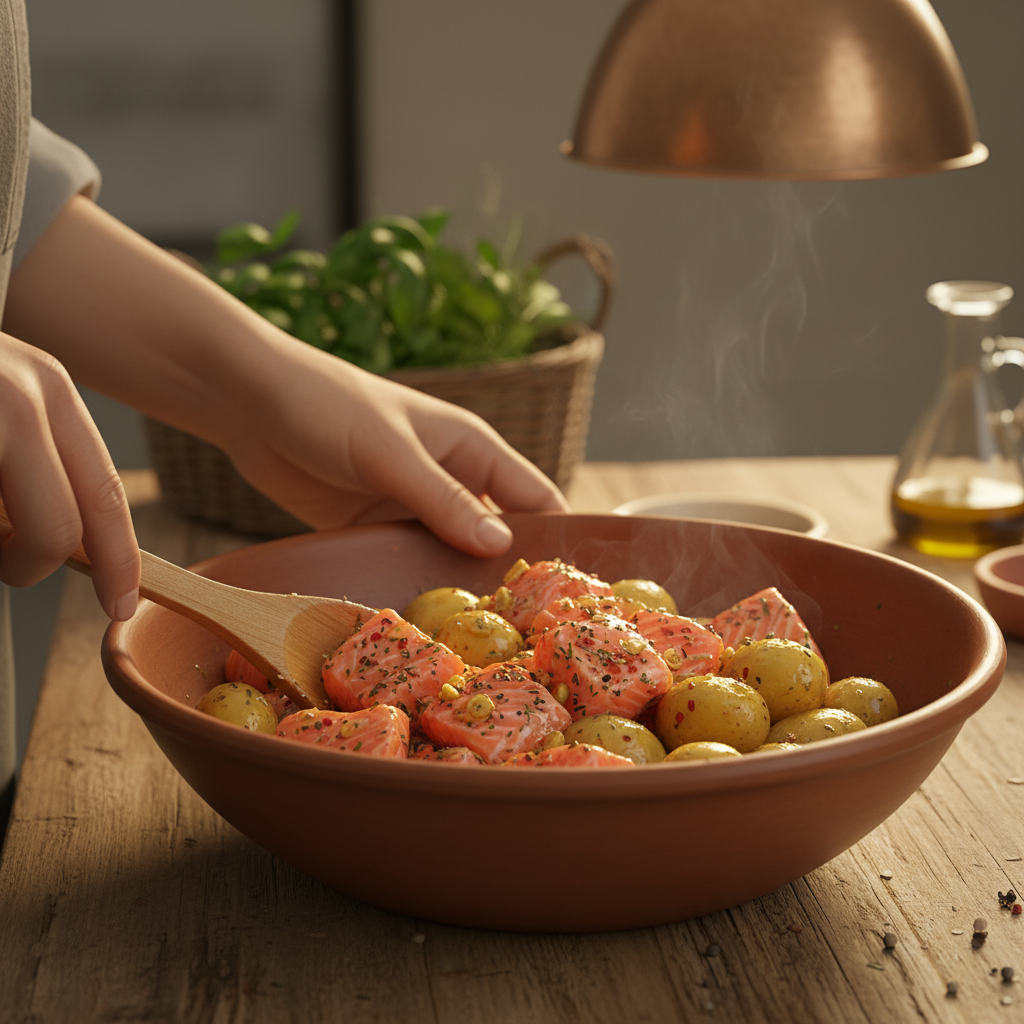 Basting salmon fillets with sauce in skillet