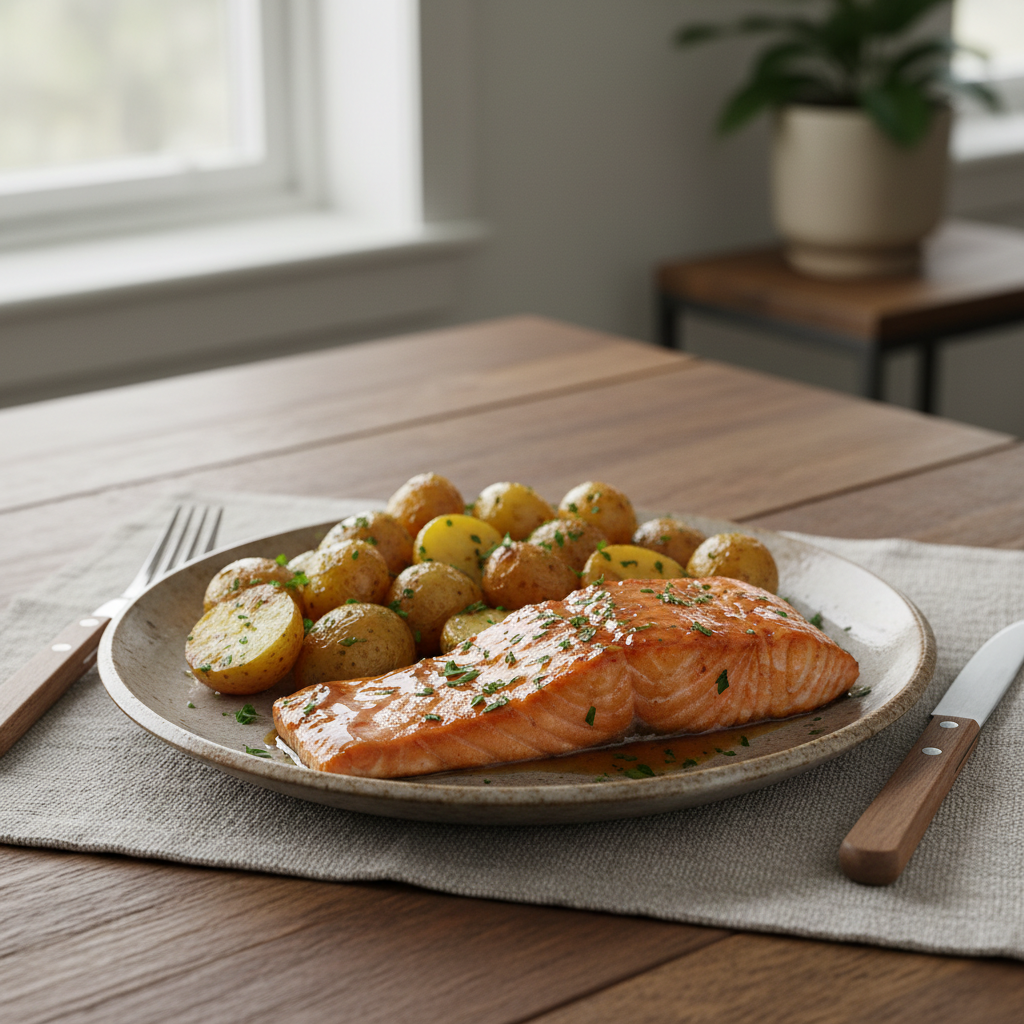 Glazed salmon served on plate