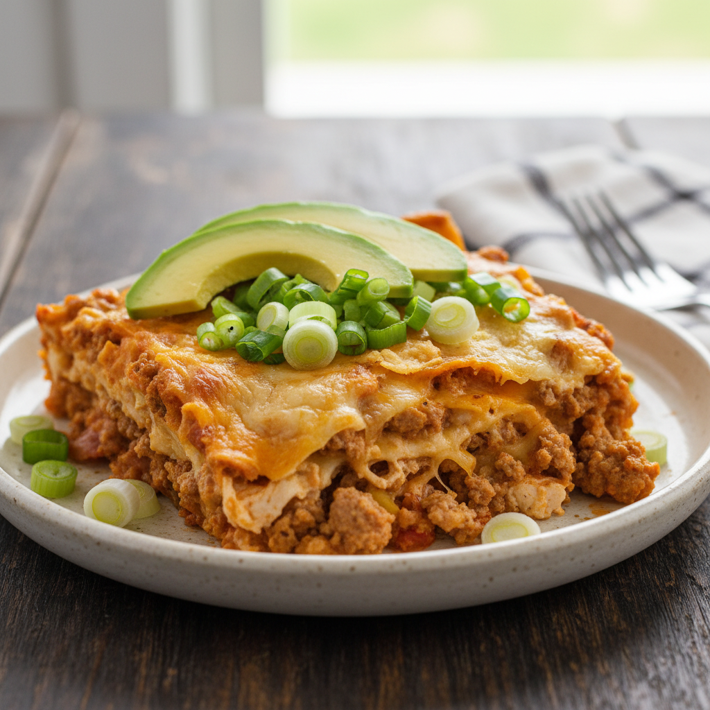 Ground Turkey Taco Casserole served with toppings