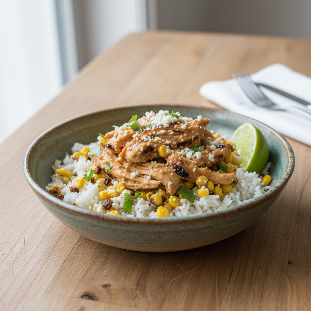 Delicious served Street Corn Chicken Rice Bowl with toppings
