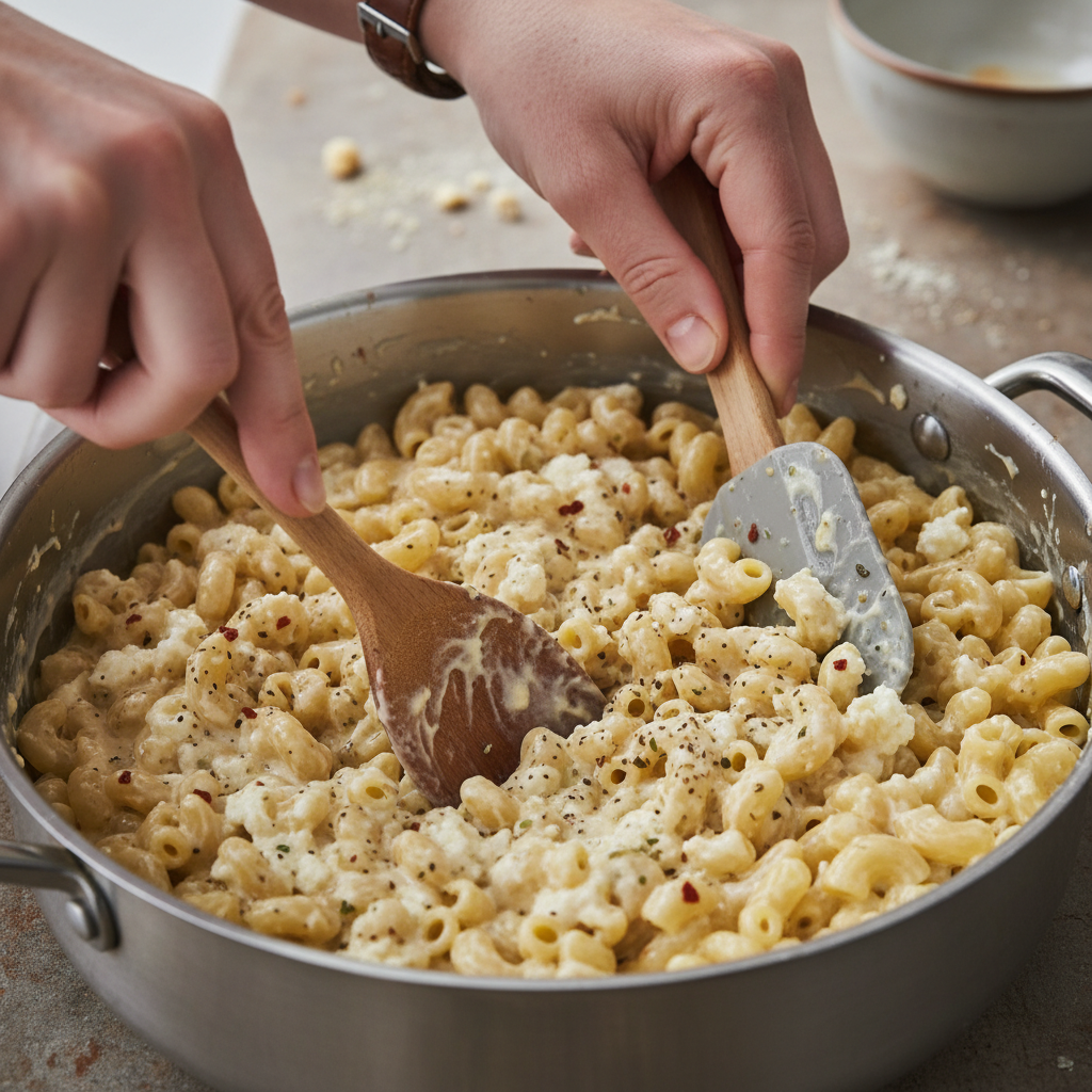 Mixing ricotta and seasonings with pasta