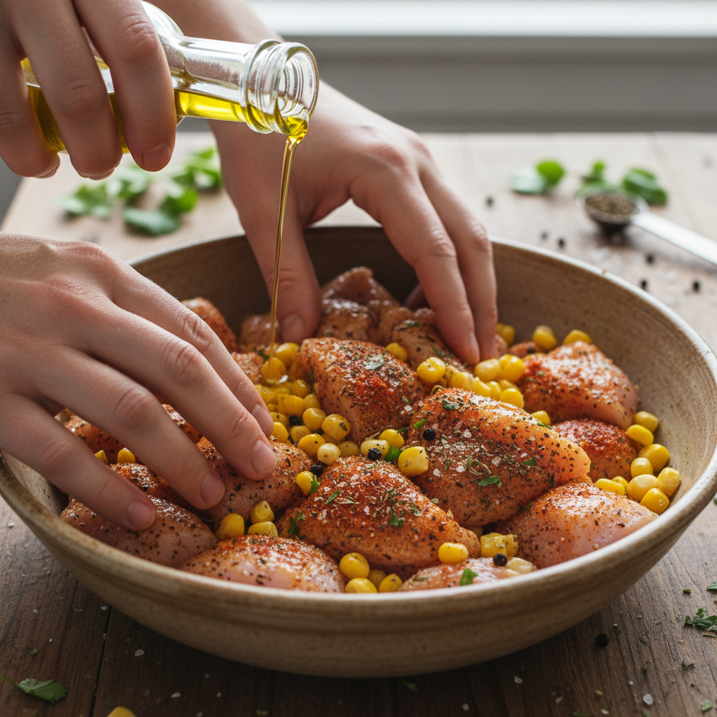 Cooking chicken for Street Corn Chicken Rice Bowl