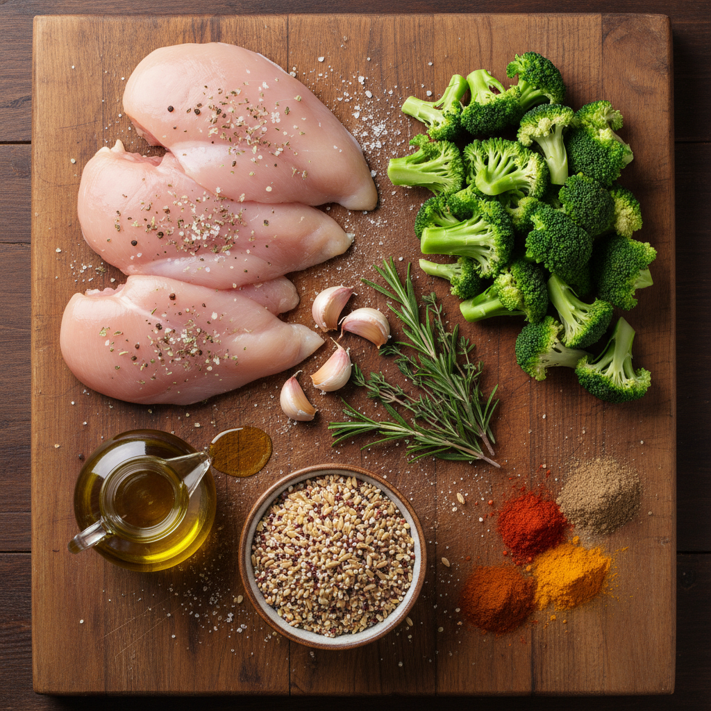 Ingredients for grilled chicken and broccoli bowls with garlic sauce