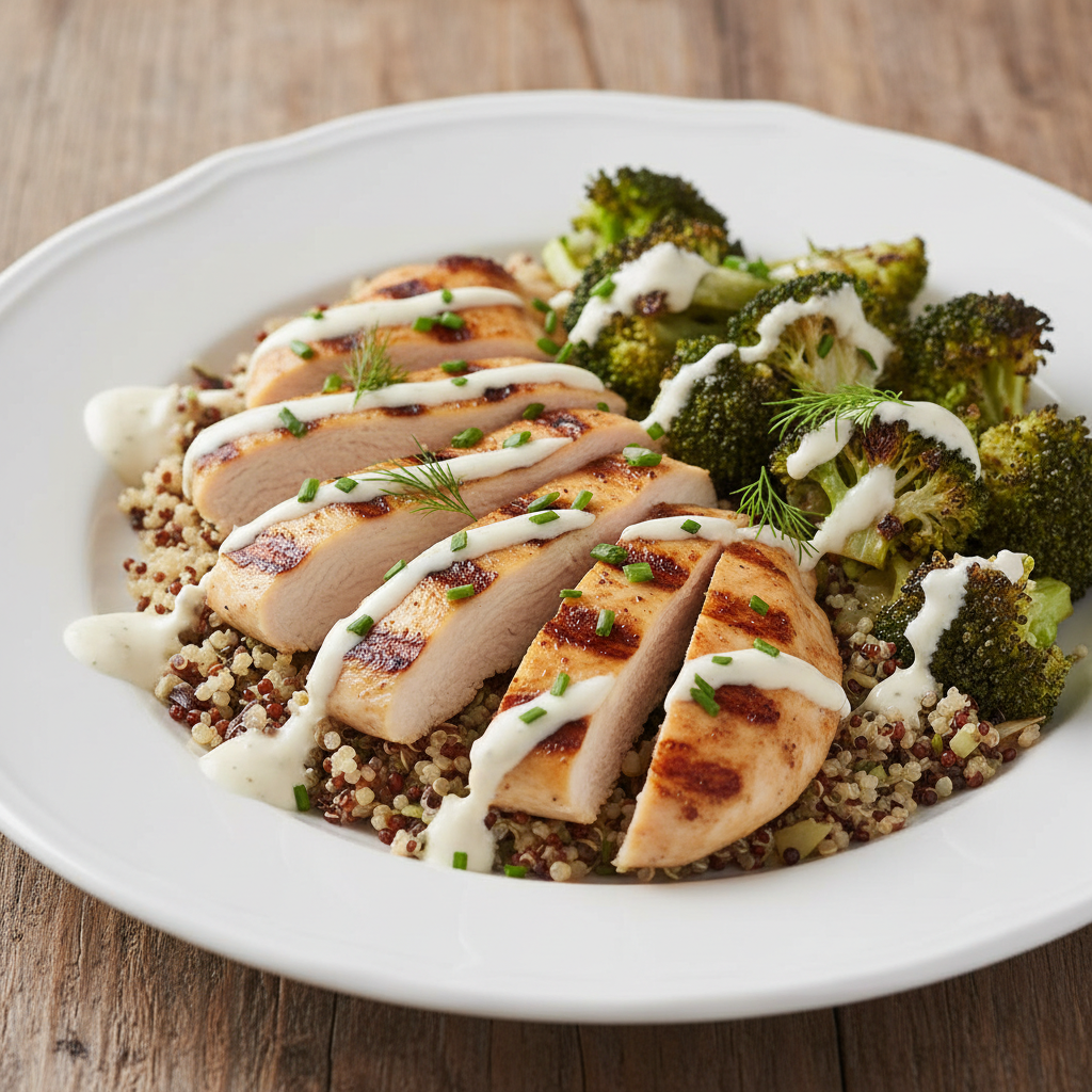 Finished grilled chicken and broccoli bowls with garnish