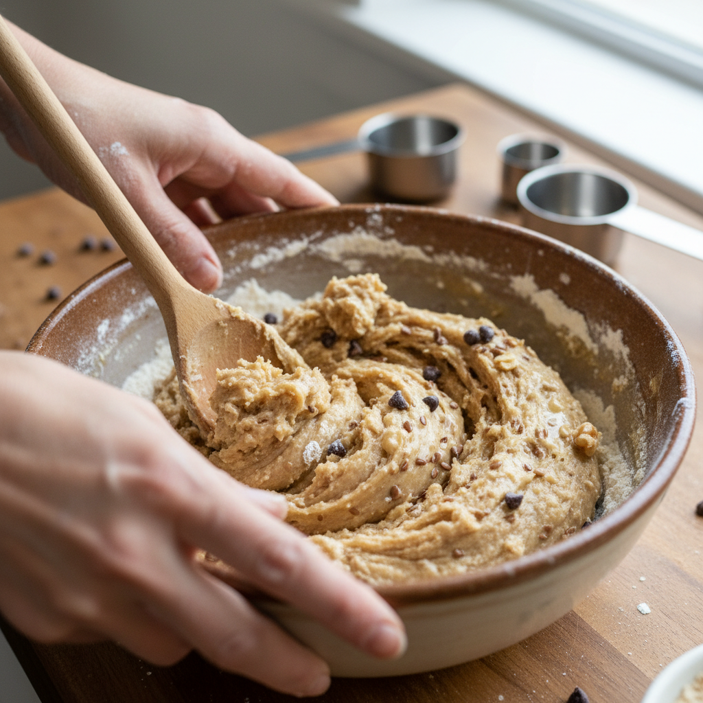 Mixing cookie dough with wooden spoon in a bowl