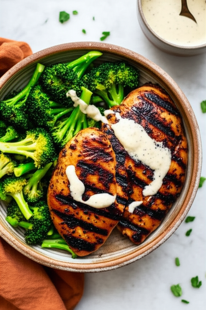 Smoky grilled chicken and tender broccoli with creamy garlic sauce
