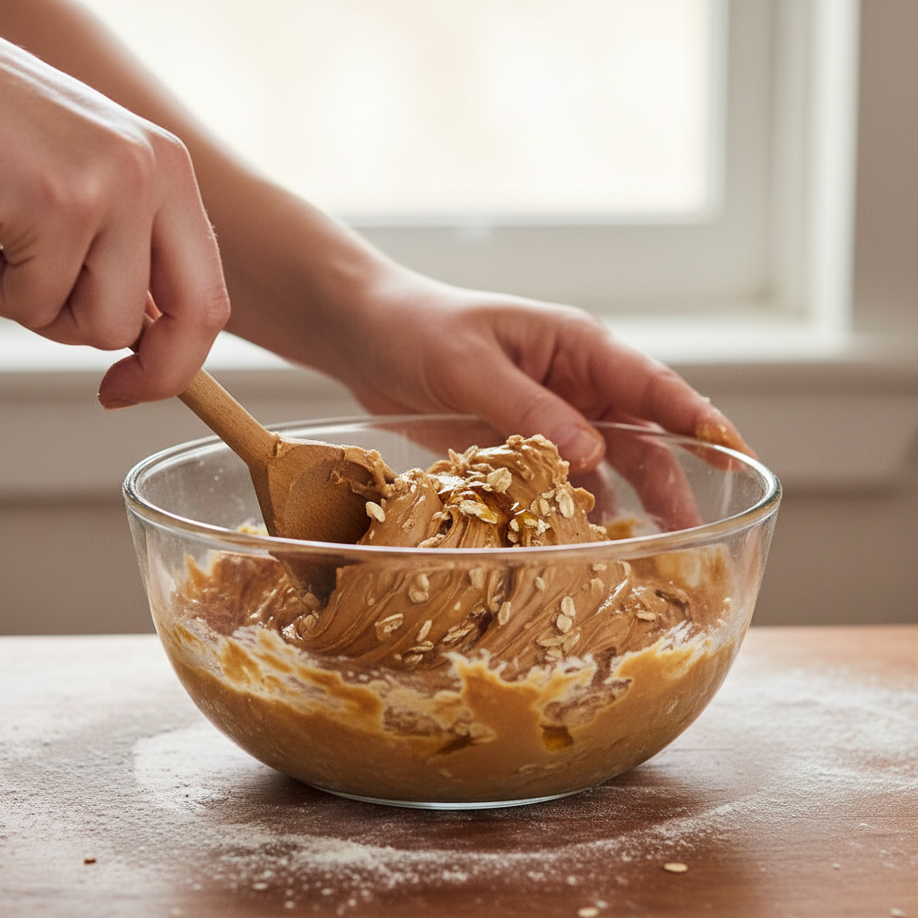 Mixing the peanut butter oat mixture