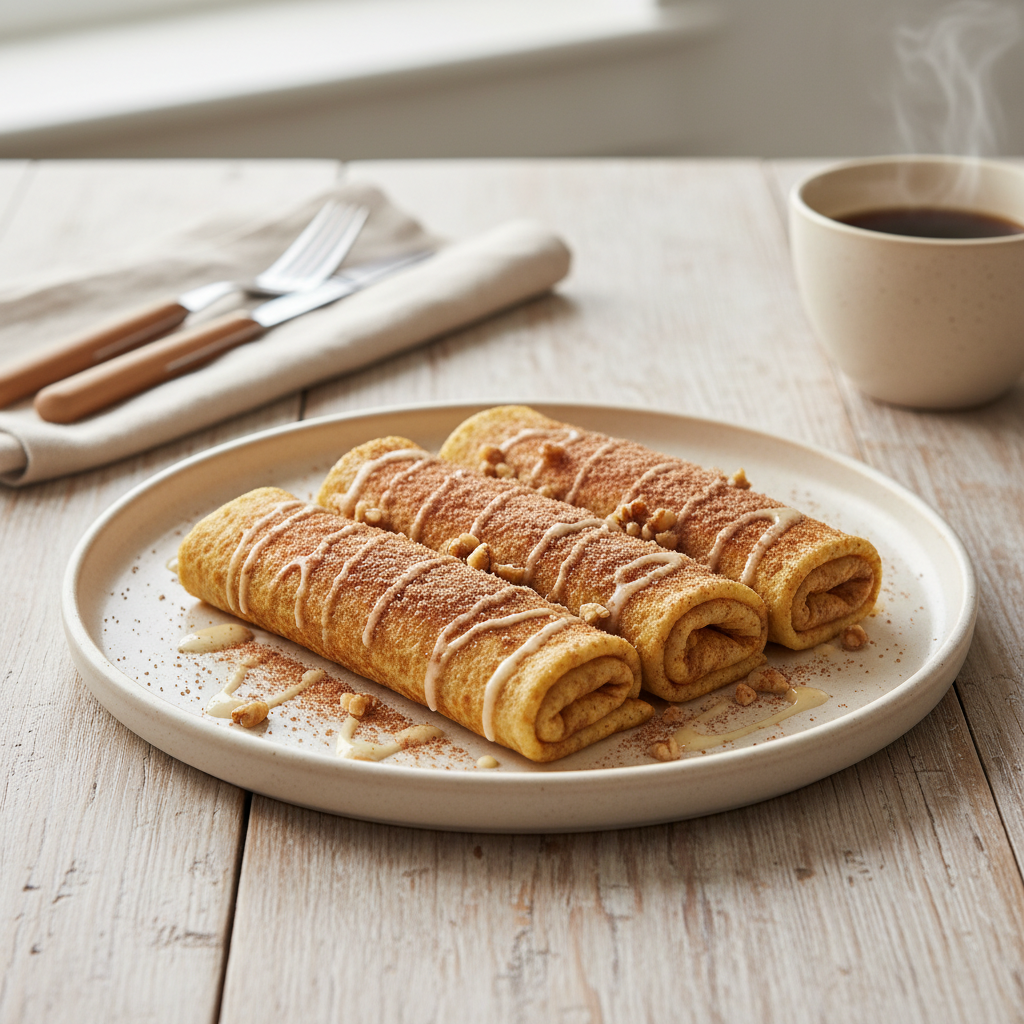 Finished cinnamon protein crepe rolls topped and ready to eat