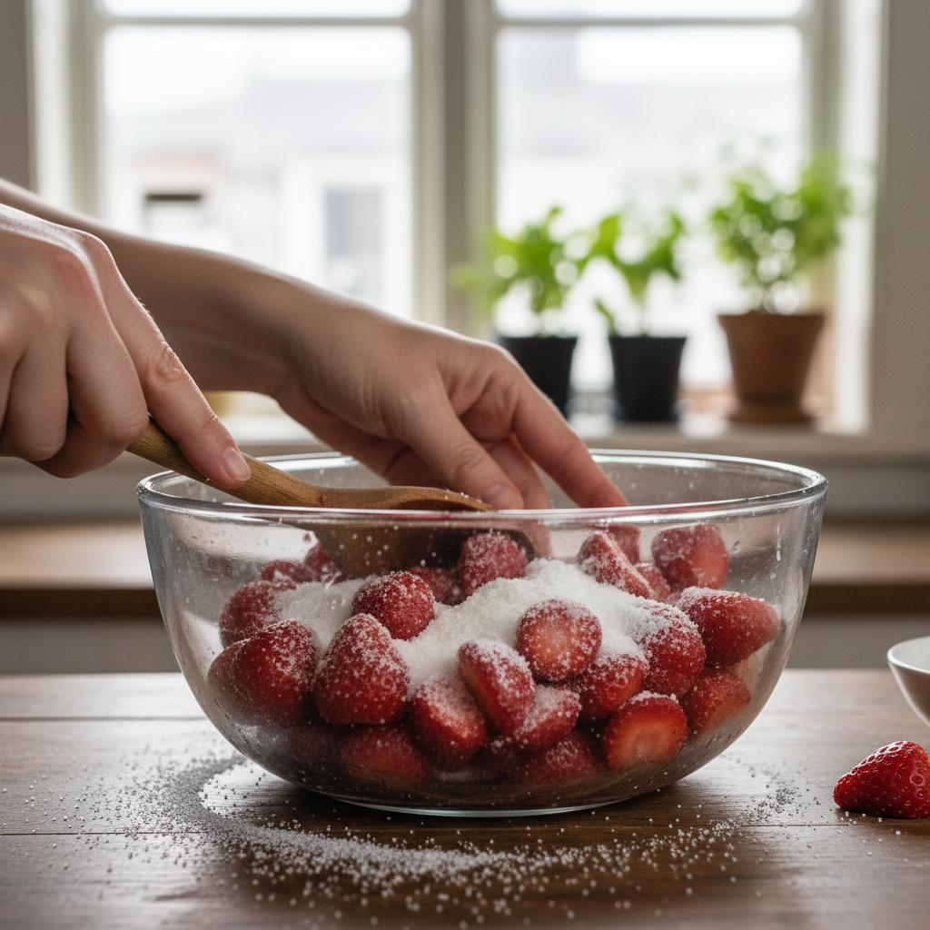 Mixed strawberries with sugar and placed in baking dish