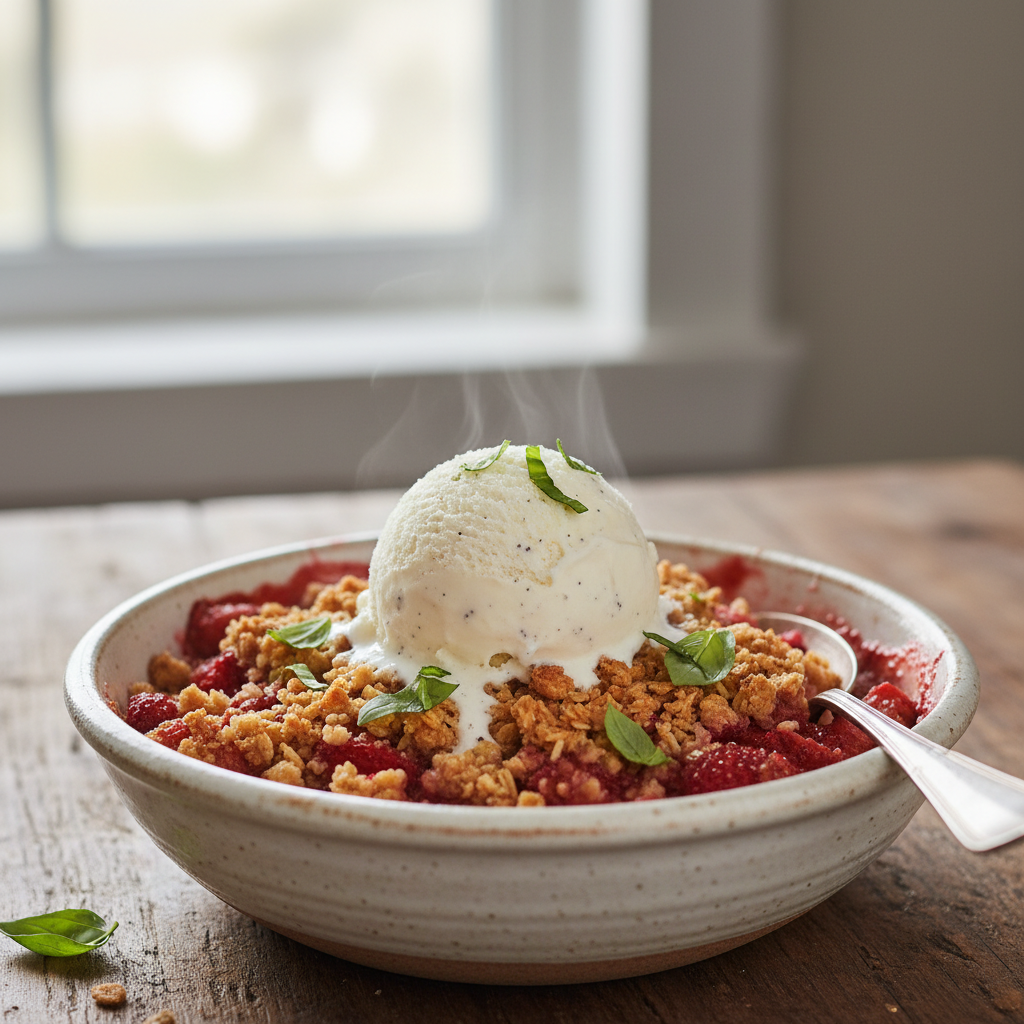 Fresh Strawberry Crisp served warm with vanilla ice cream