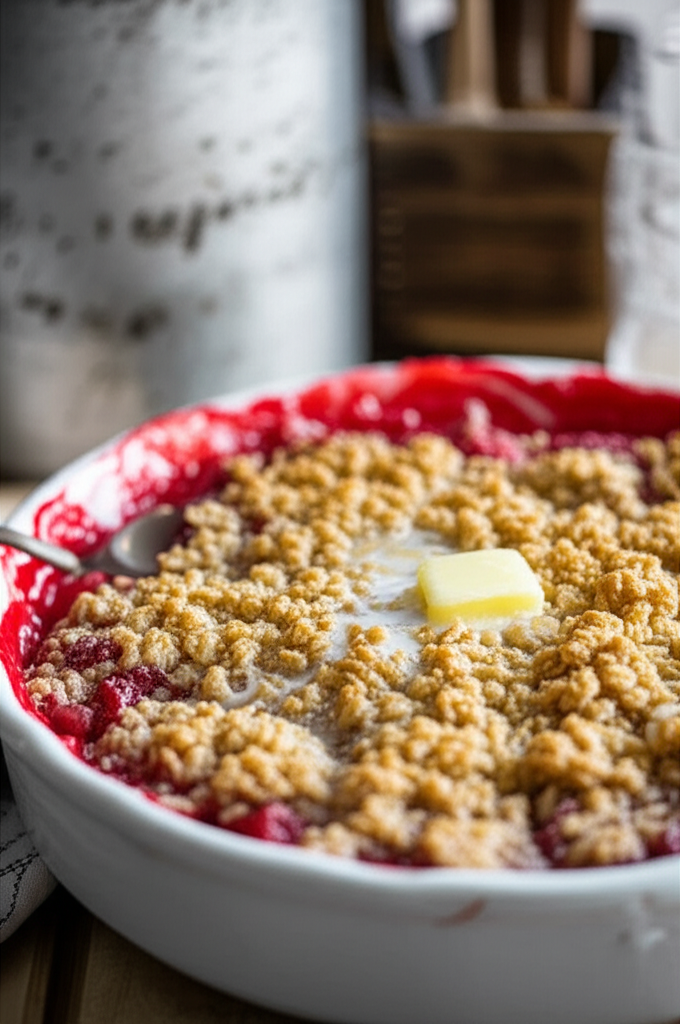 Fresh Strawberry Crisp dessert with vanilla ice cream