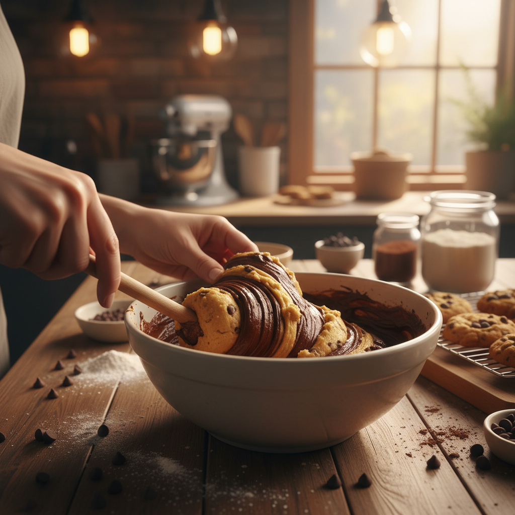 Mixing brookies cookie doughs in bowls