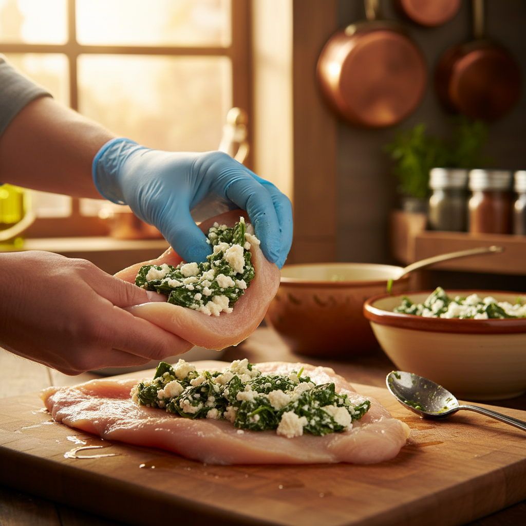 Stuffing spinach filling into chicken breasts