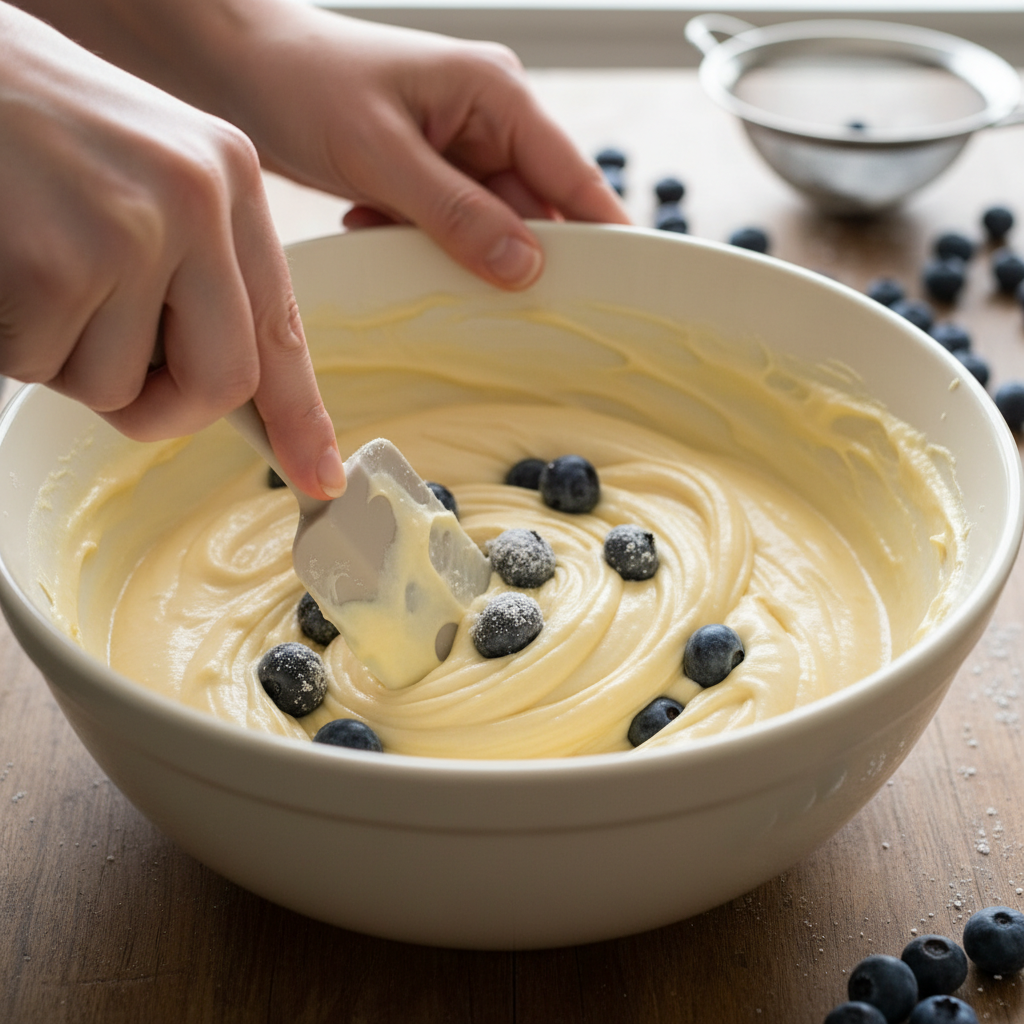 Blueberries coated in flour being mixed into batter