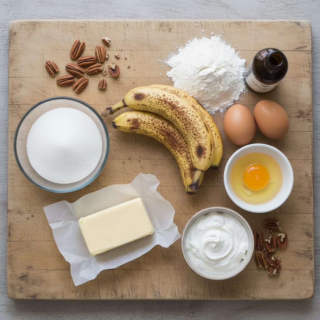 Ingredients for Banana Bread Brownies on a wooden table