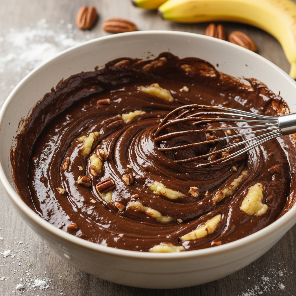 Mixing the banana bread brownie batter in a bowl