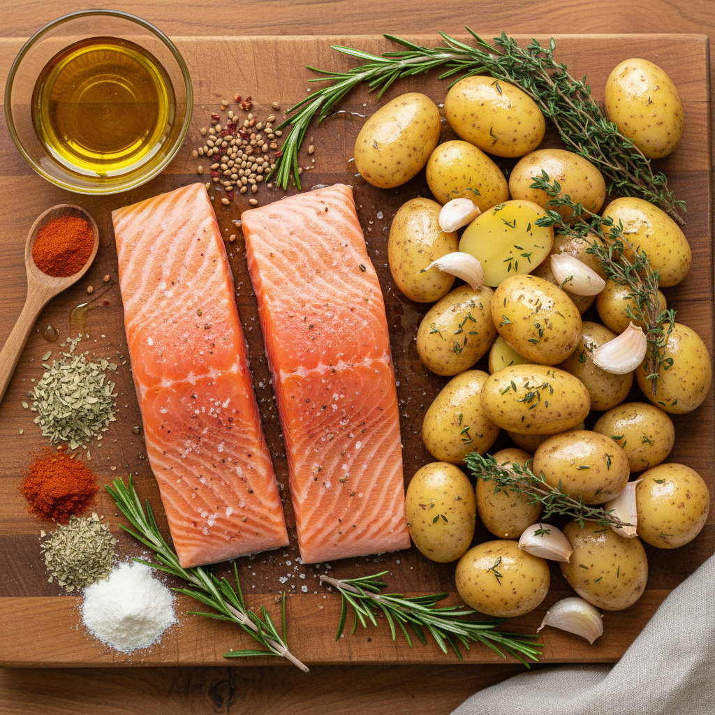 Ingredients laid out for Crispy Honey Garlic Glazed Salmon