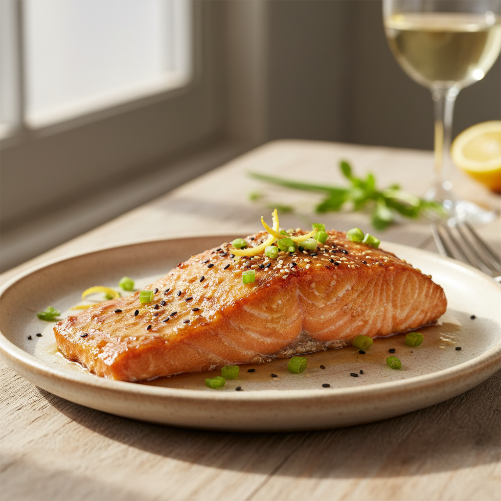 Finished plated crispy honey garlic glazed salmon with sides