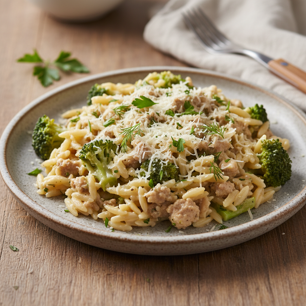 Ground turkey orzo stored in meal prep containers