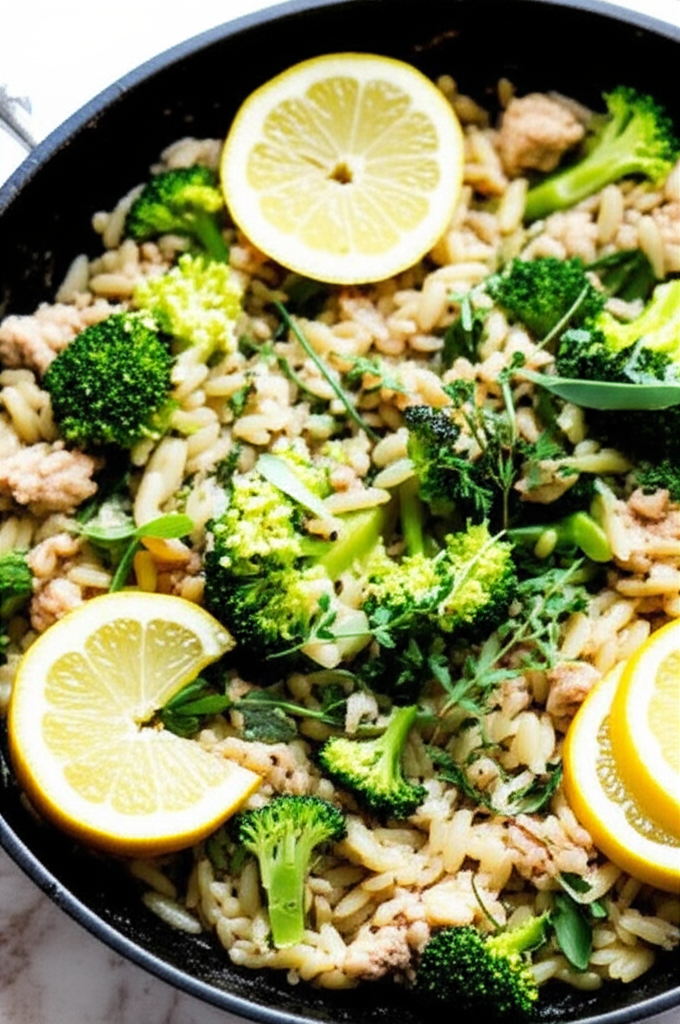 Ground turkey orzo cooked in skillet