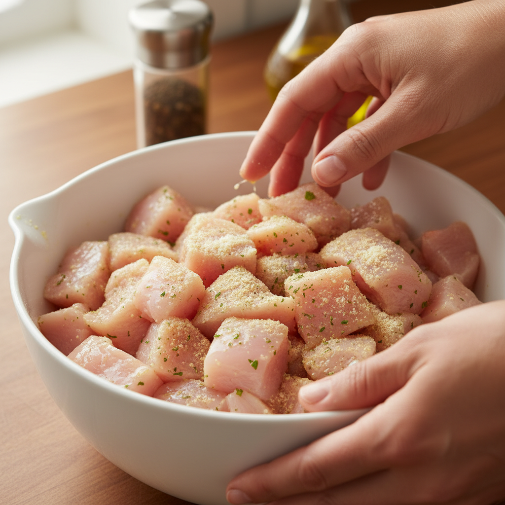 Mixing chicken with oil and spices
