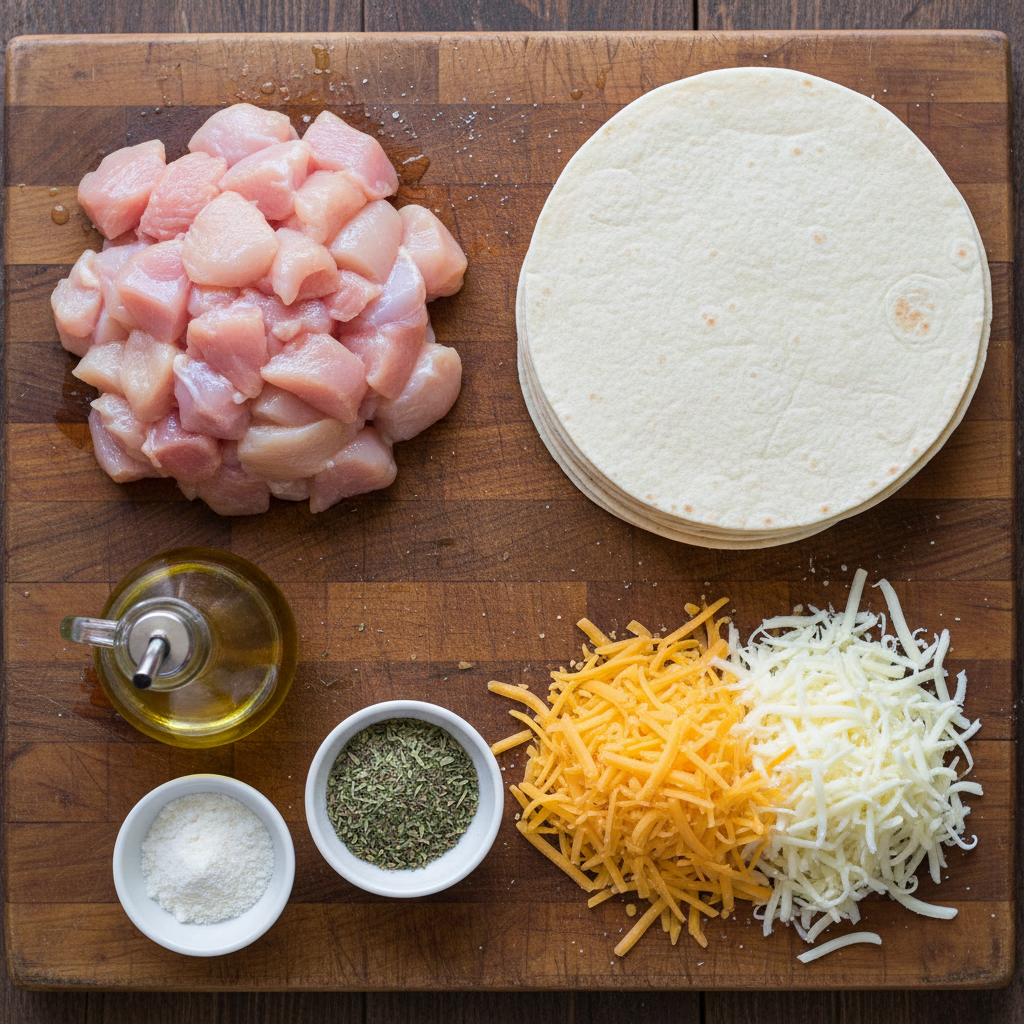 Cooking utensils and ingredients for chicken wraps