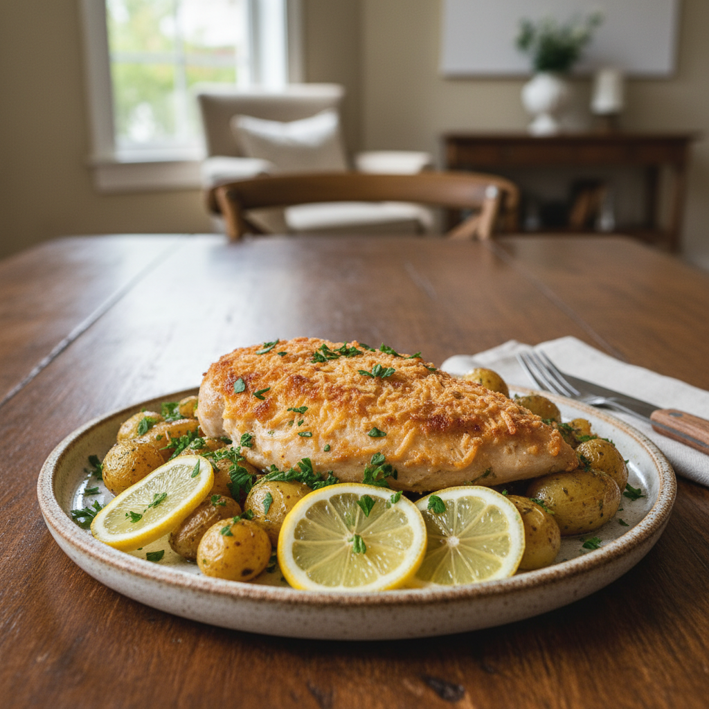 Finished lemon chicken plated with garnish