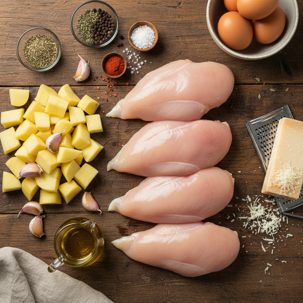 Ingredients for Parmesan Crusted Lemon Chicken laid out