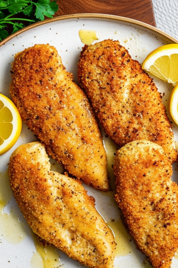 Parmesan Crusted Lemon Chicken plated with lemon garnish
