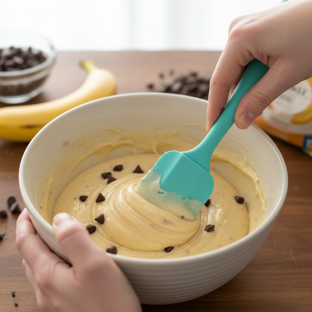 Mixing banana batter with chocolate chips folded in