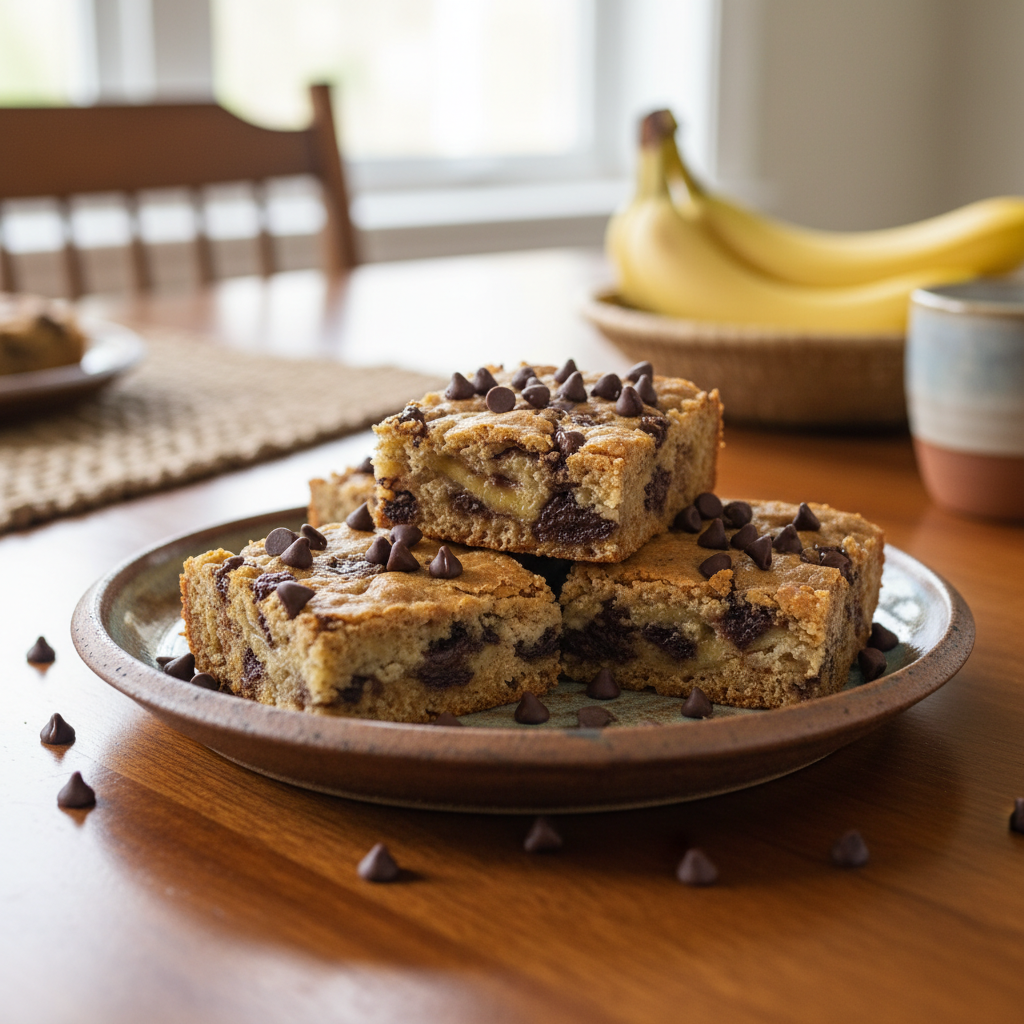 Baked and cooled chocolate chip banana bars ready to enjoy