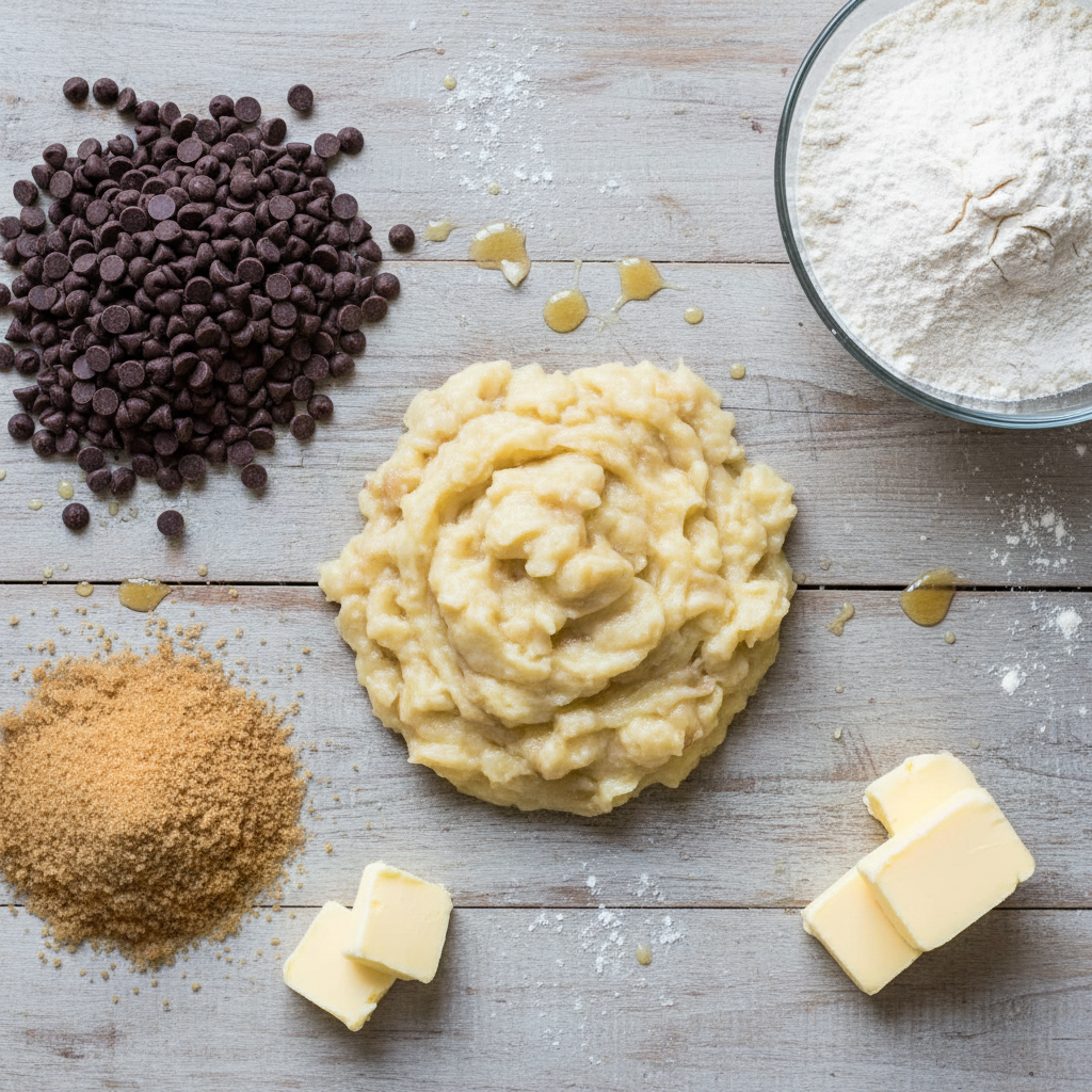 Ingredients for chocolate chip banana bars on kitchen table