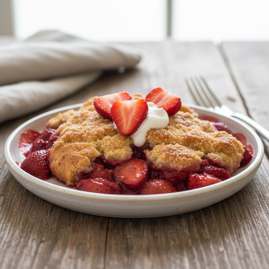 Baked strawberry cobbler after cooling