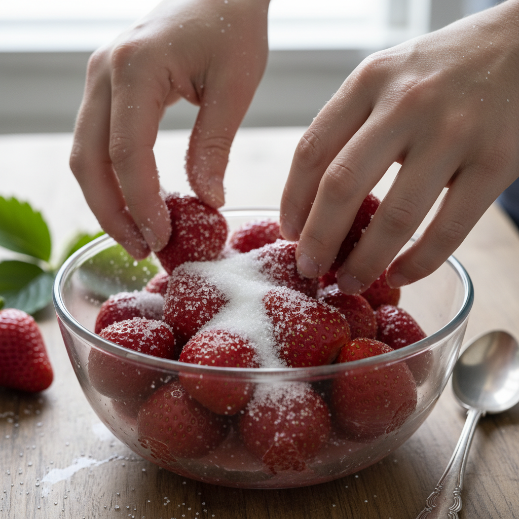Mixing strawberries and melting butter