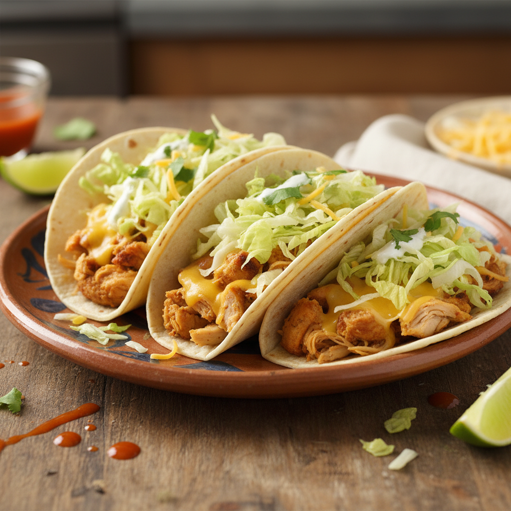 Serving suggestion of completed Easy Rotisserie Chicken Tacos with fresh toppings