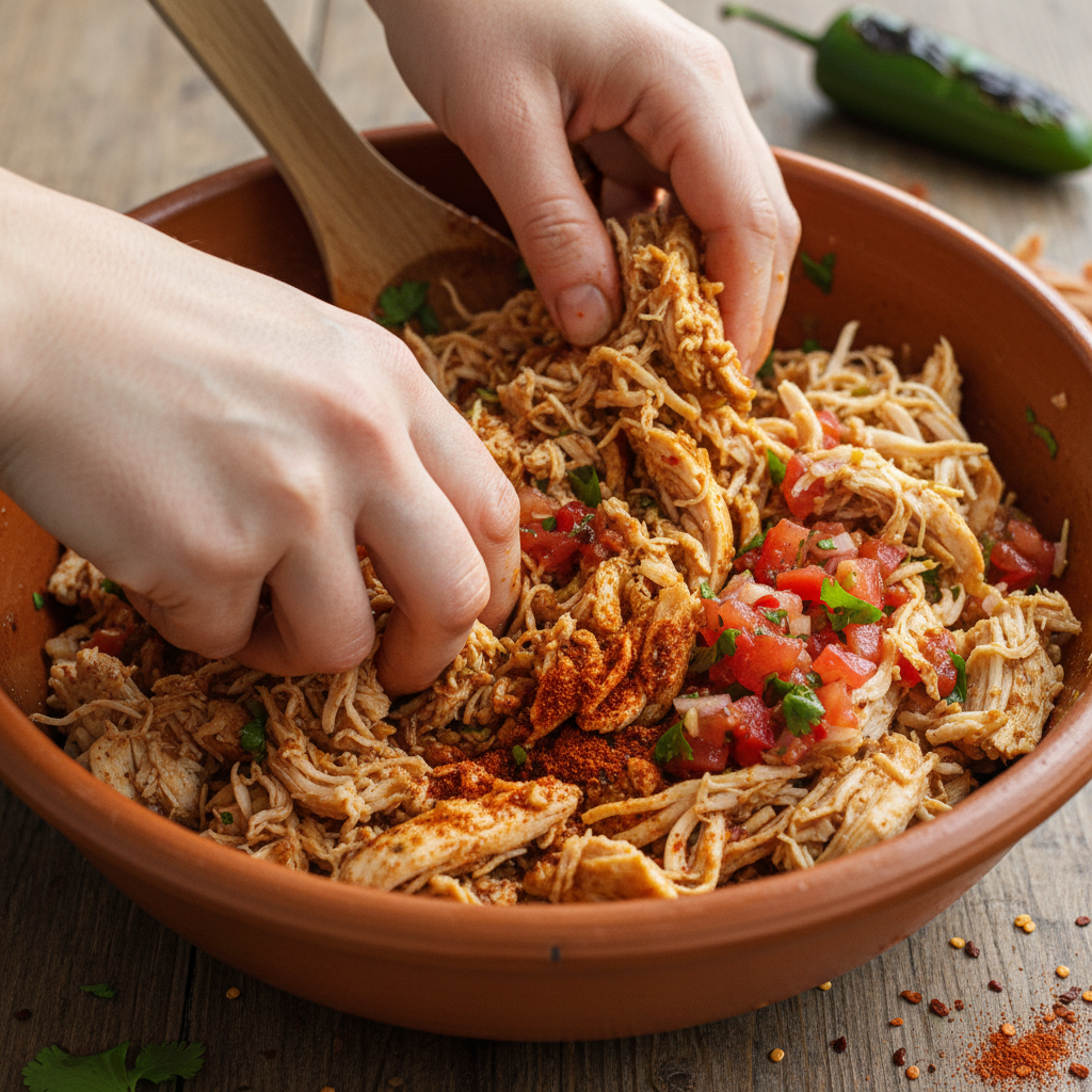 Shredded chicken mixed into salsa mixture in skillet