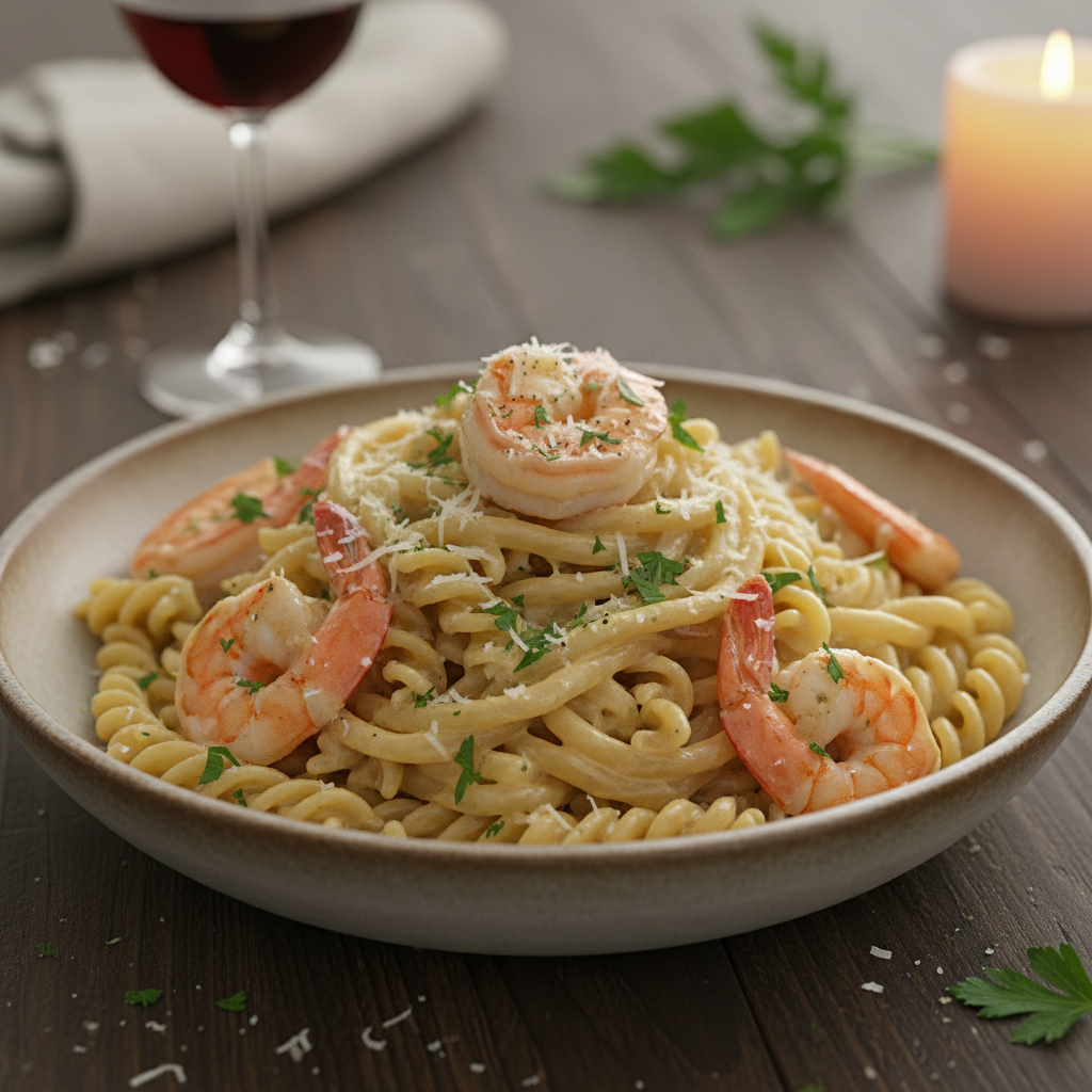 Creamy Garlic Shrimp Pasta final dish garnish