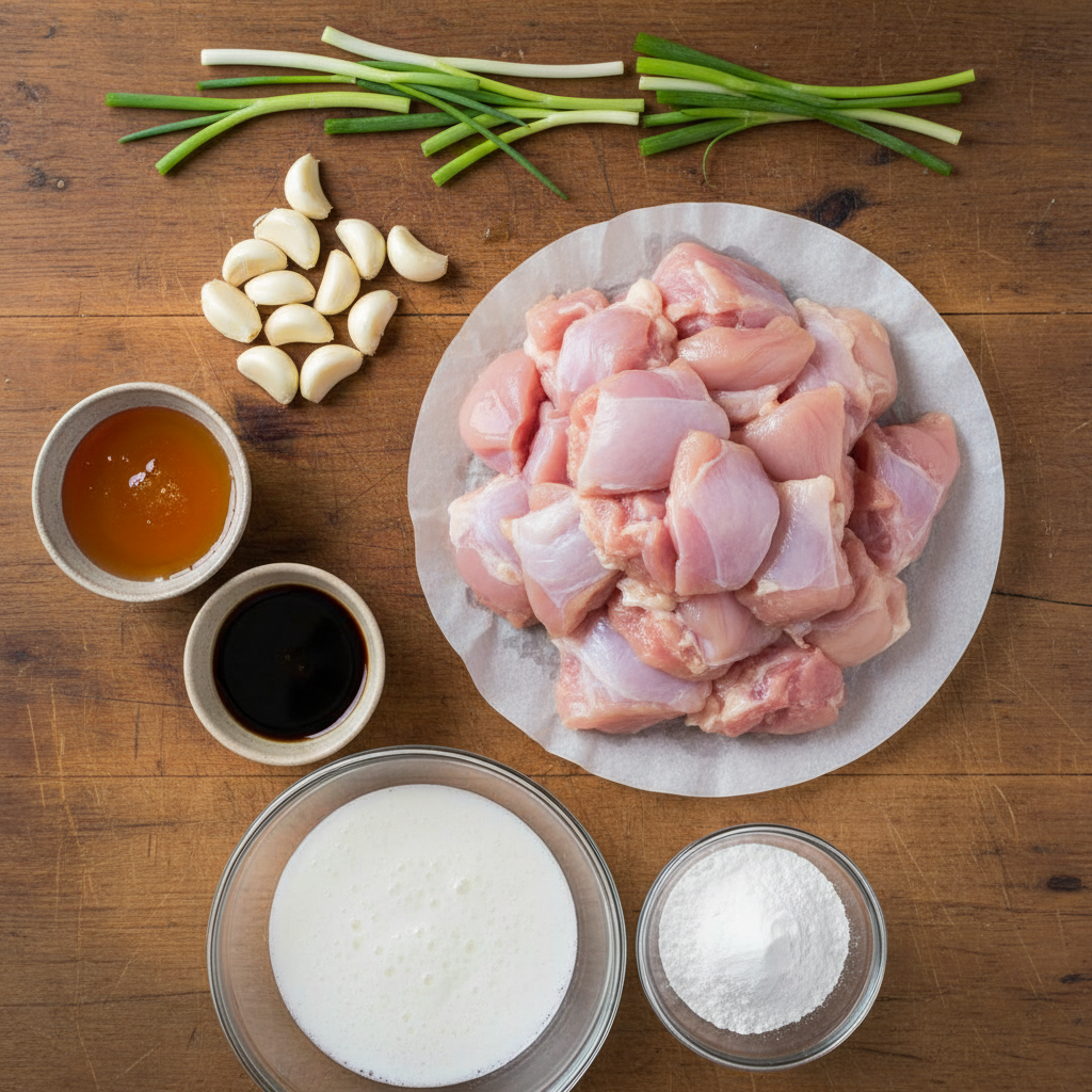 Ingredients for honey garlic chicken including chicken, oil, marinade, sauce, garnish