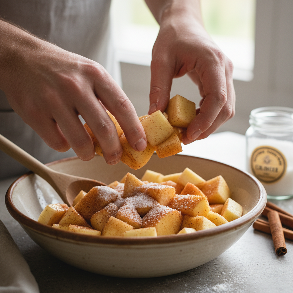 Mixing apples with cinnamon and sweetener in a bowl