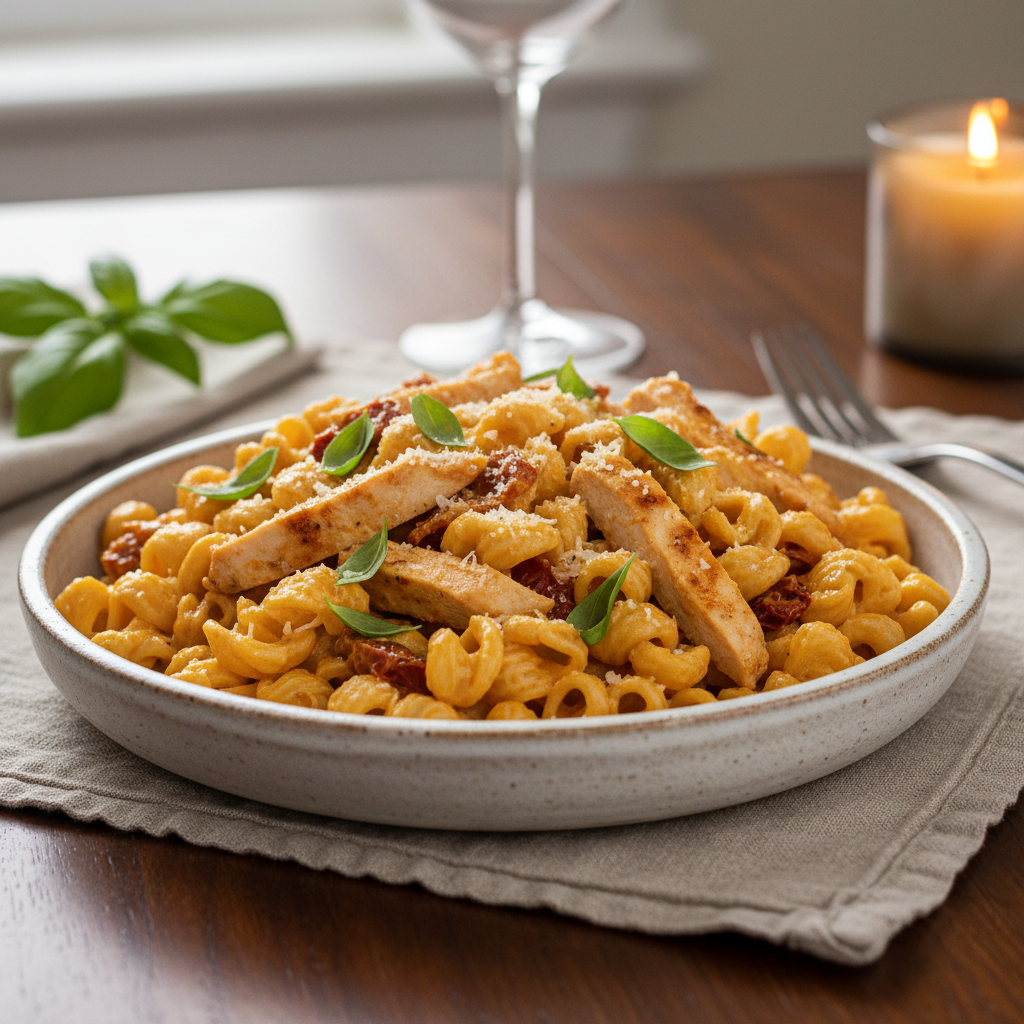 Final plated Marry Me Chicken Pasta with garnish