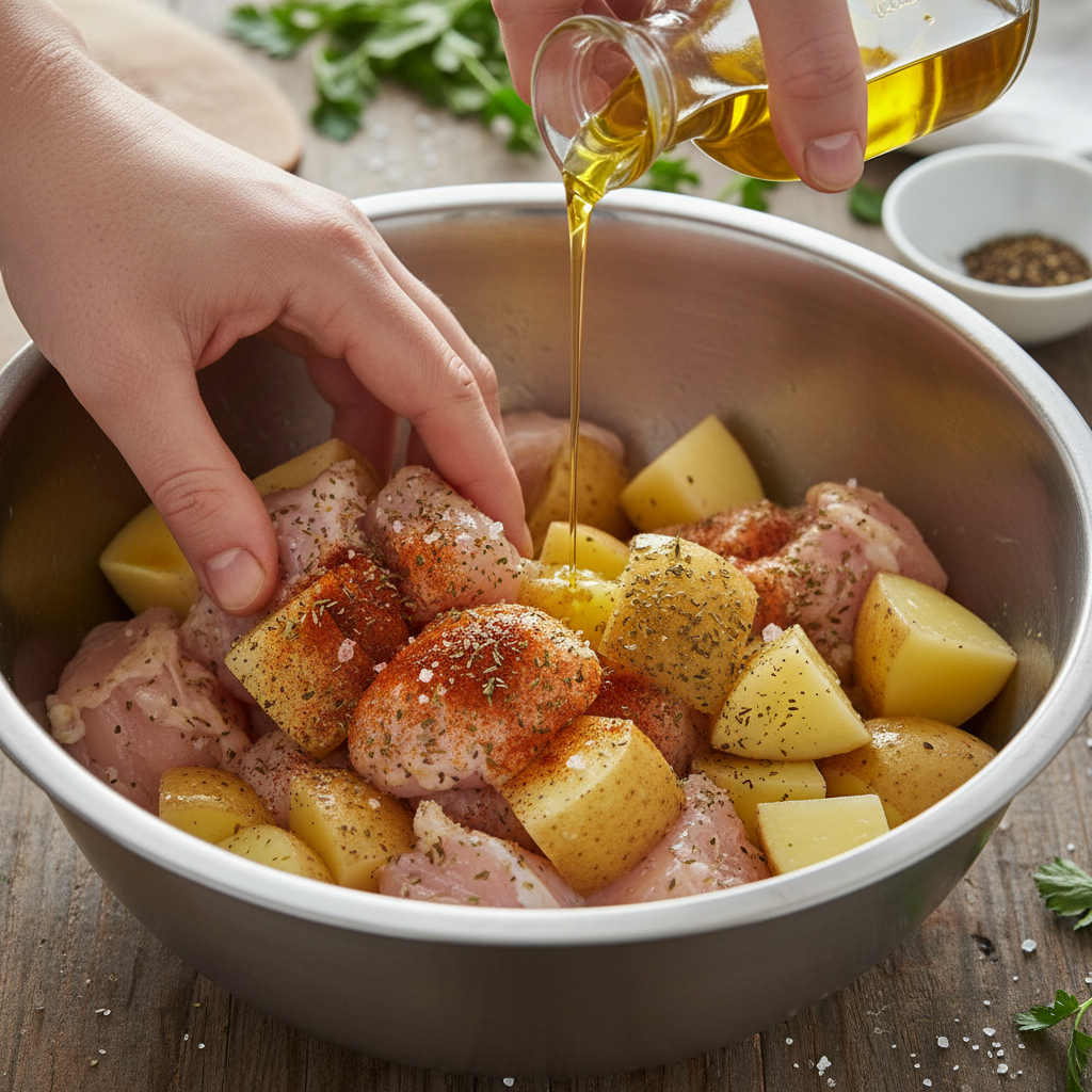 Cooking chicken and sauce preparation in pan