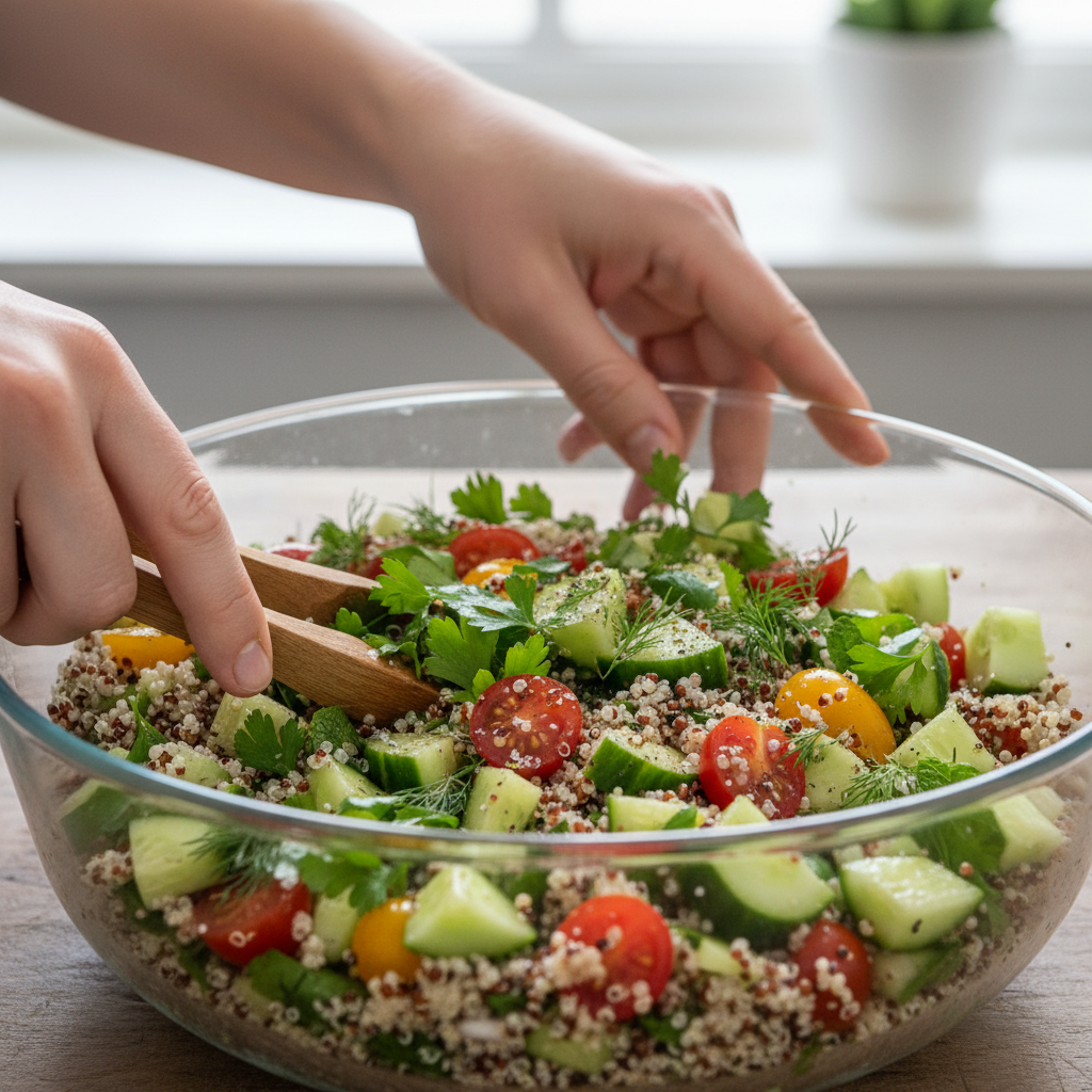Preparation of quinoa vegetable salad